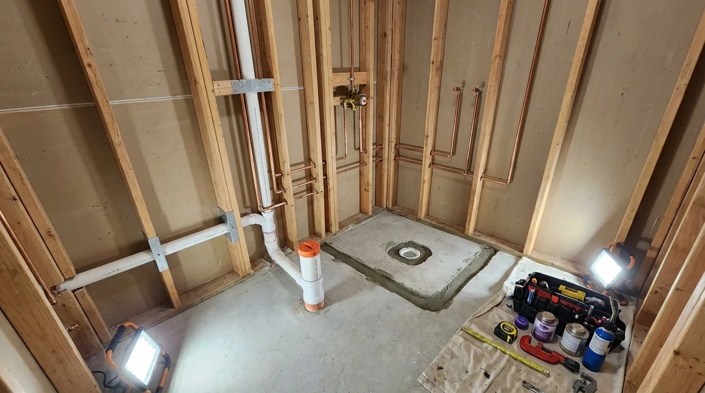 Bathroom rough-in plumbing during remodel by Johns Plumbing LLC in Cyril