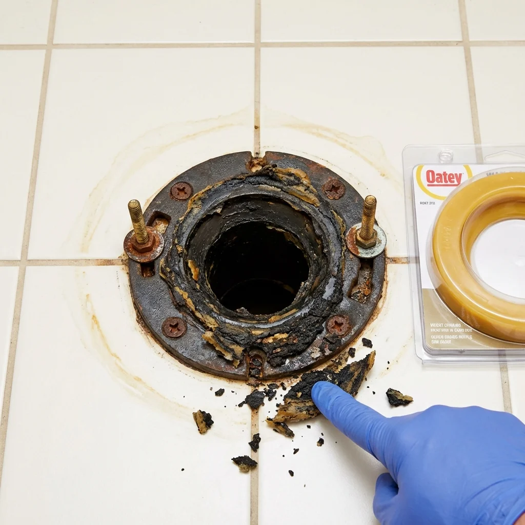 Failed wax ring showing water seepage at the base of a toilet in a Cyril, OK home