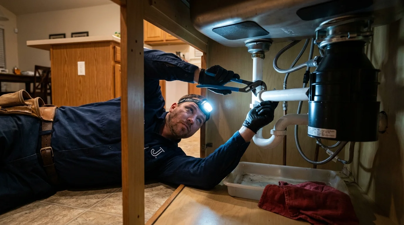 P-trap and supply line connections under a kitchen sink showing a common leak point in Cyril, OK